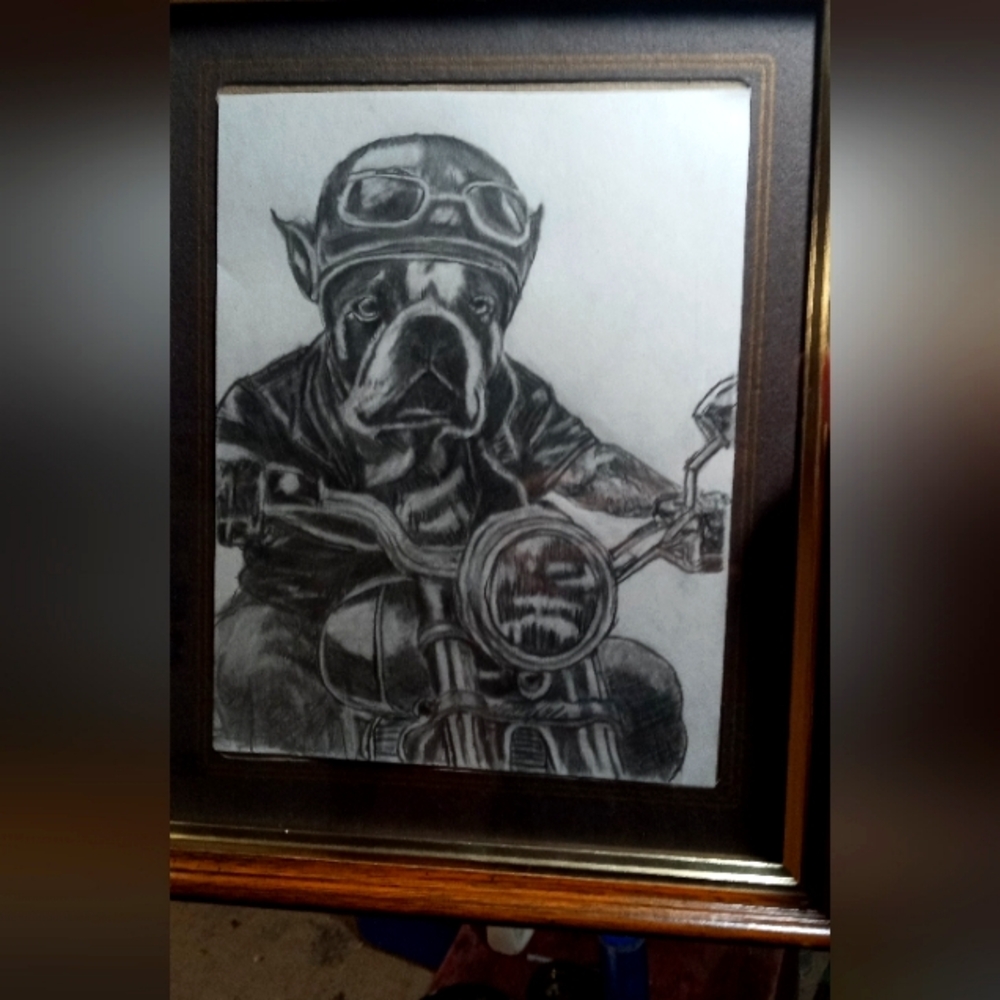 Hand Drawn Artwork by me of Hound on a Harley Davidson or Hog